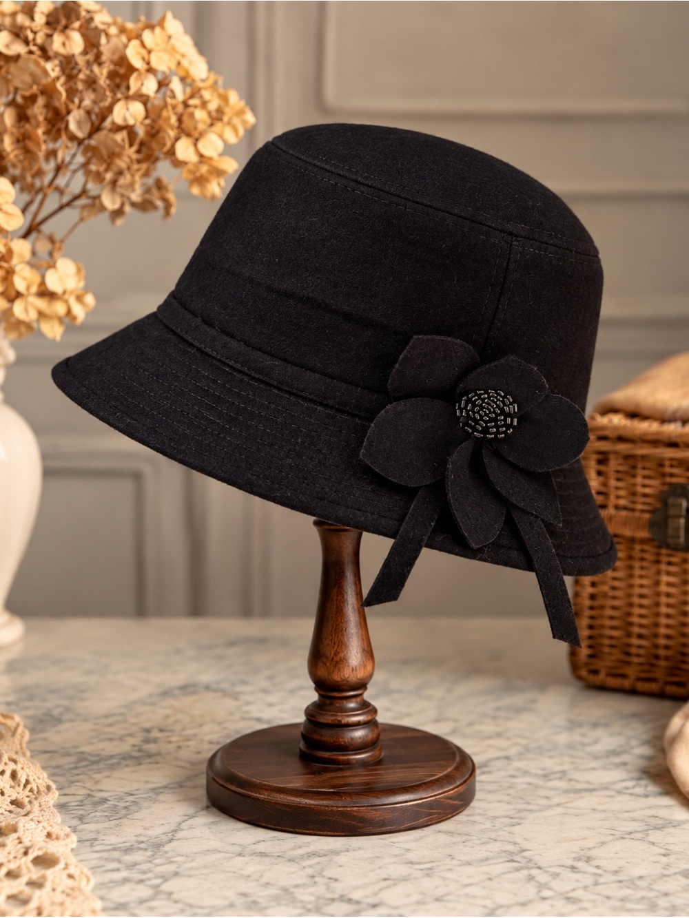 Claire France Black Retro Style Cloche Hat